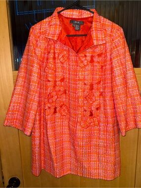 Per Se Coat Size 8   Mid Length Orange Vintage Style  Flowers Bright Color